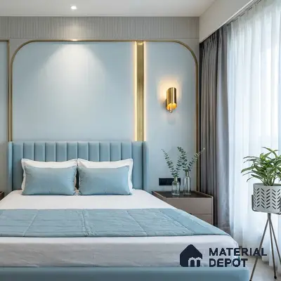 Modern bedroom with pastel blue suede upholstered bed and textured wallpaper accent wall