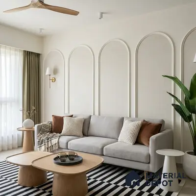 Scandinavian living room with beige wall panels, light oak coffee tables, and striped black-and-white rug
