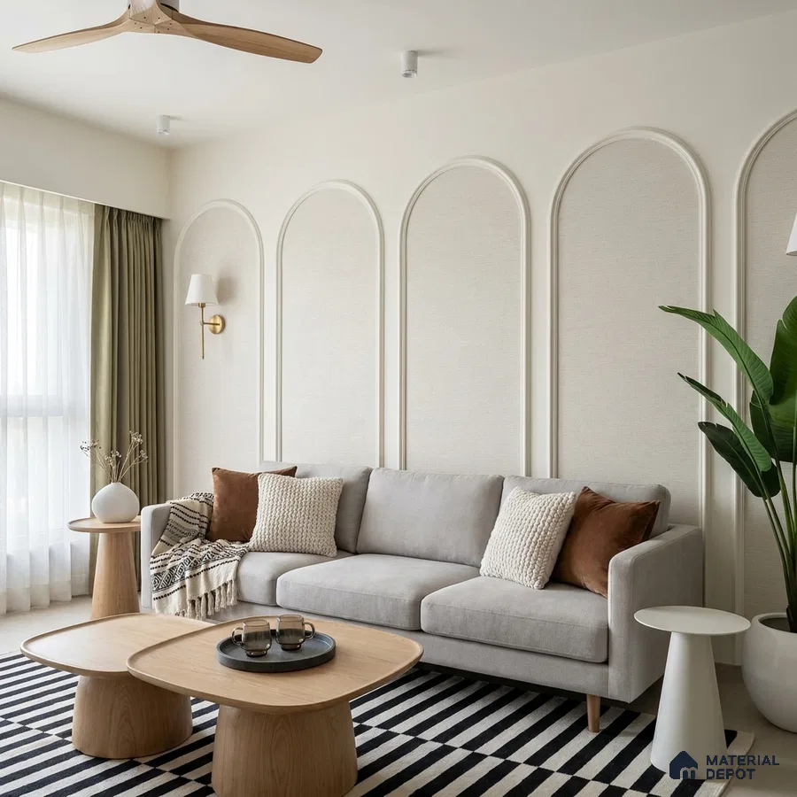 Scandinavian living room with beige wall panels, light oak coffee tables, and striped black-and-white rug