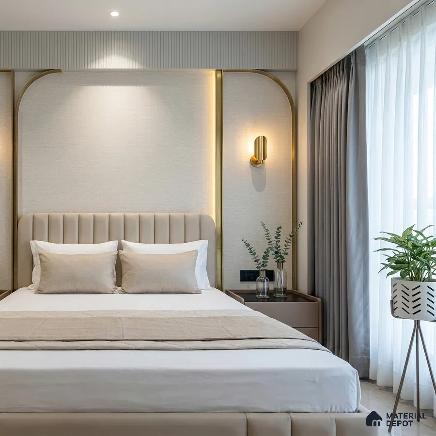 Modern bedroom with beige suede upholstered bed and gold accent wall panels