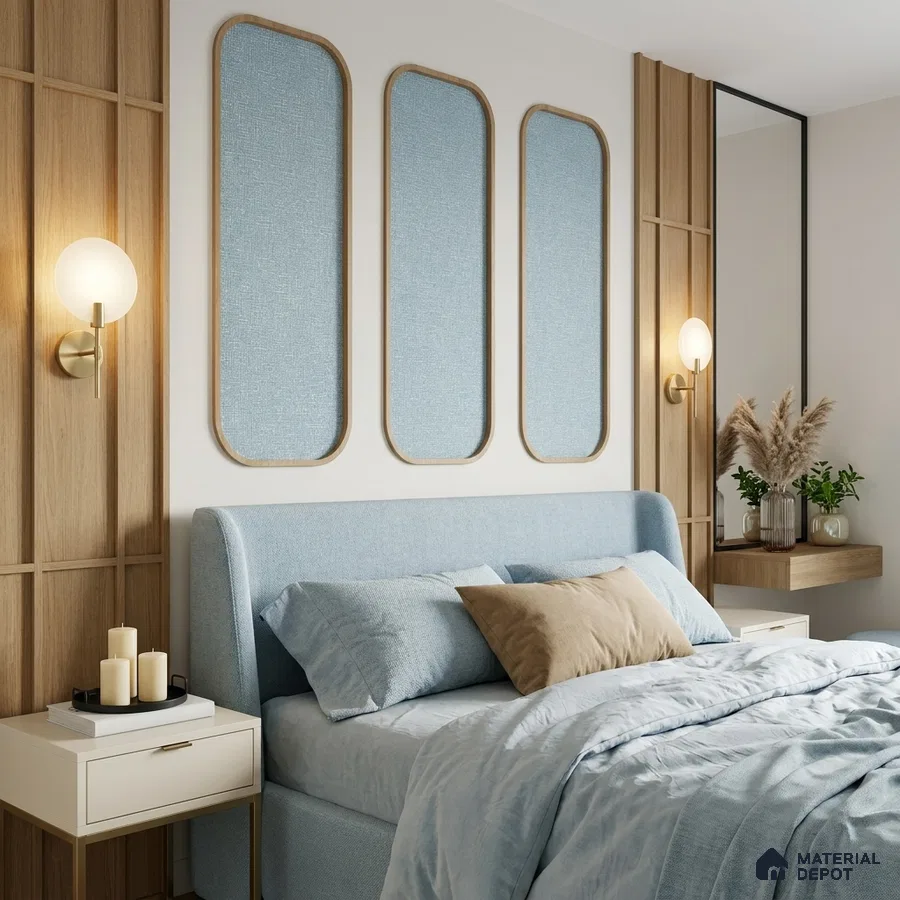 Scandinavian bedroom with light blue fabric upholstery, oak wood wall panels, and minimalist decor