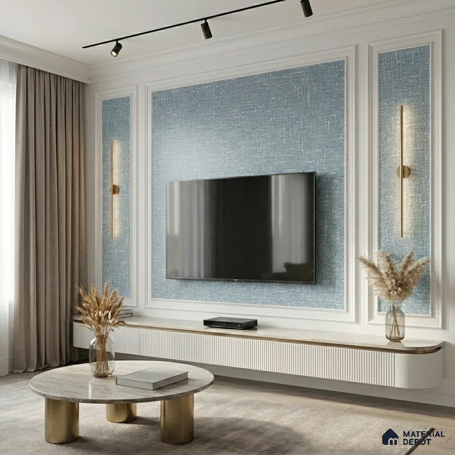 Modern living room with blue textured wallpaper, white fluted TV unit, and marble coffee table