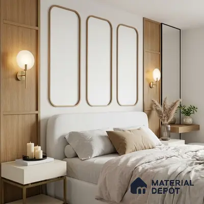 Scandinavian bedroom with light oak wood panels and upholstered bed in neutral tones