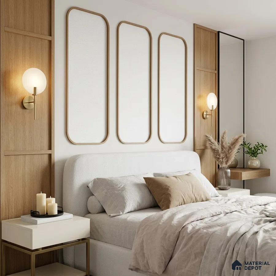 Scandinavian bedroom with light oak wood panels and upholstered bed in neutral tones