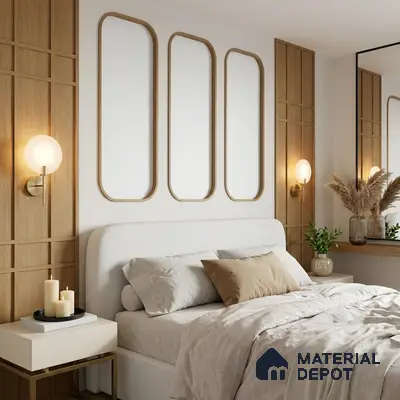Scandinavian bedroom with light oak wall panels and upholstered bed in neutral tones