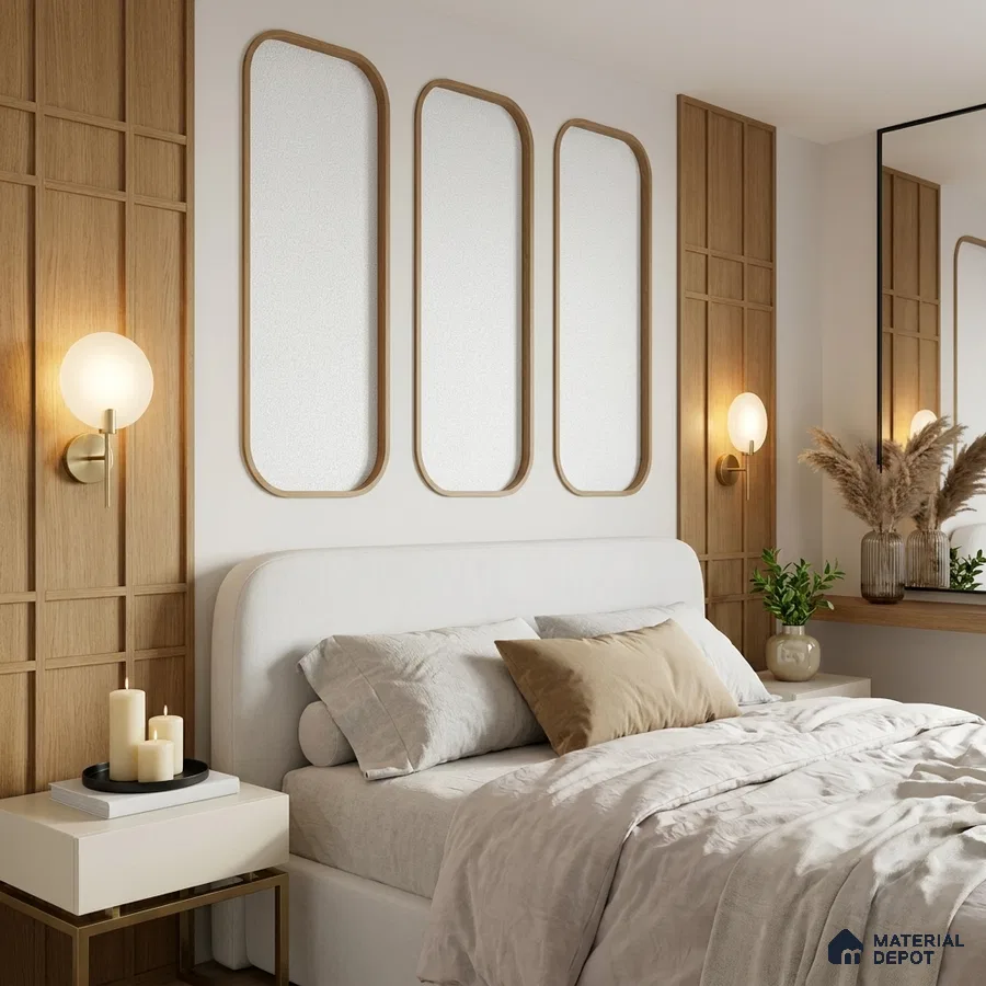 Scandinavian bedroom with light oak wall panels and upholstered bed in neutral tones