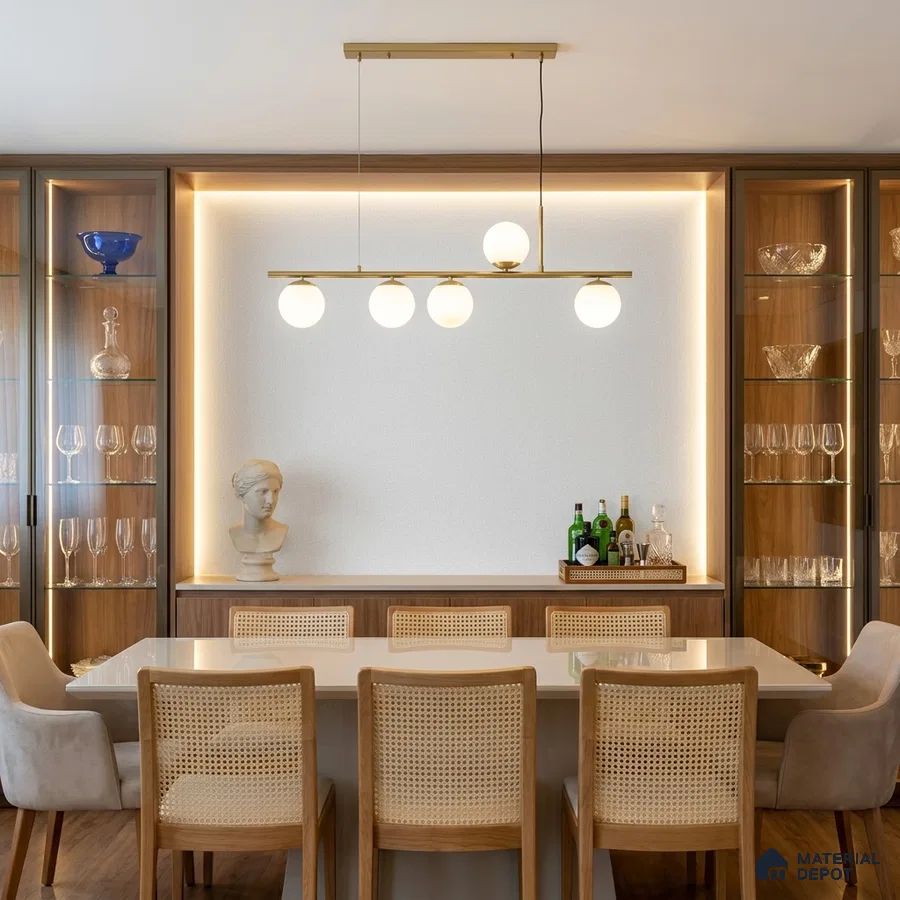 Mid-century modern dining room with cane back chairs, white stone tabletop, and walnut wood cabinetry