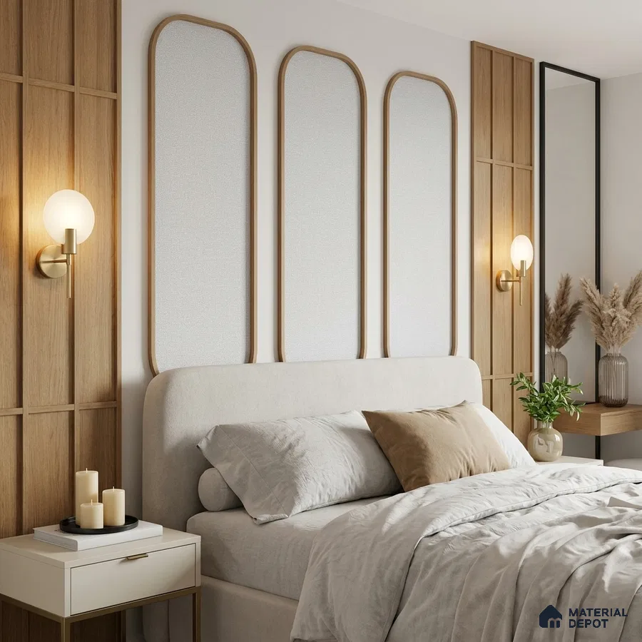 Scandinavian bedroom with light oak wall panels and beige upholstered bed