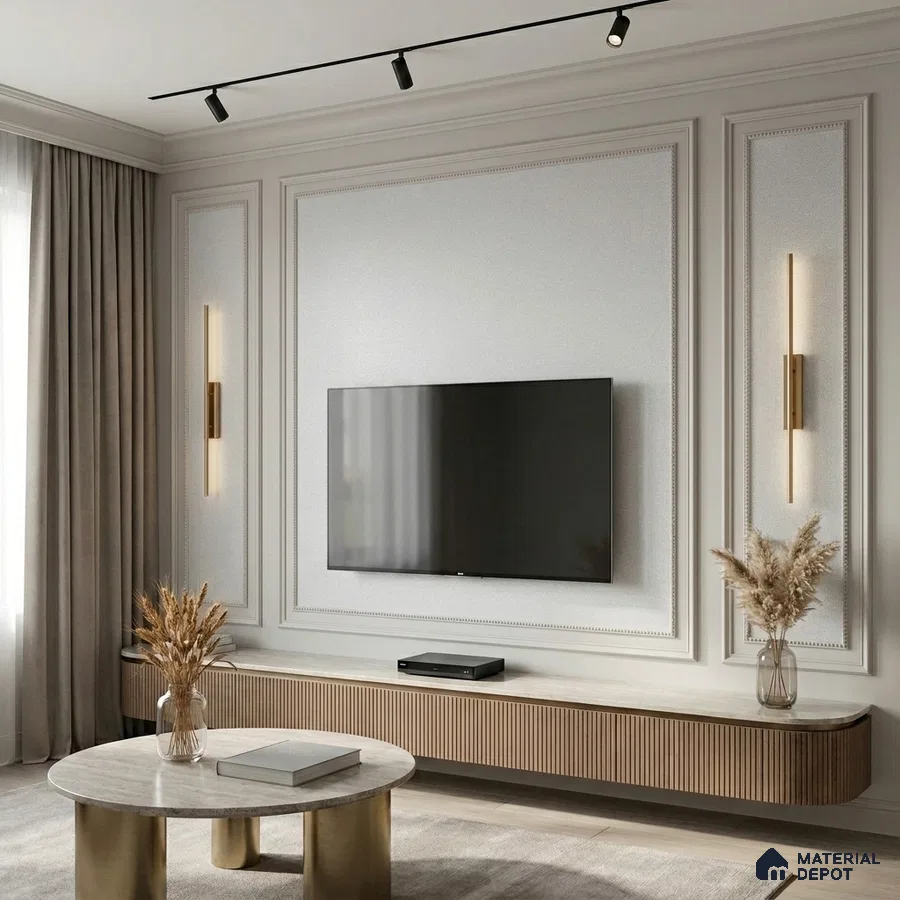 Modern living room with fluted wood laminate TV unit and marble top coffee table