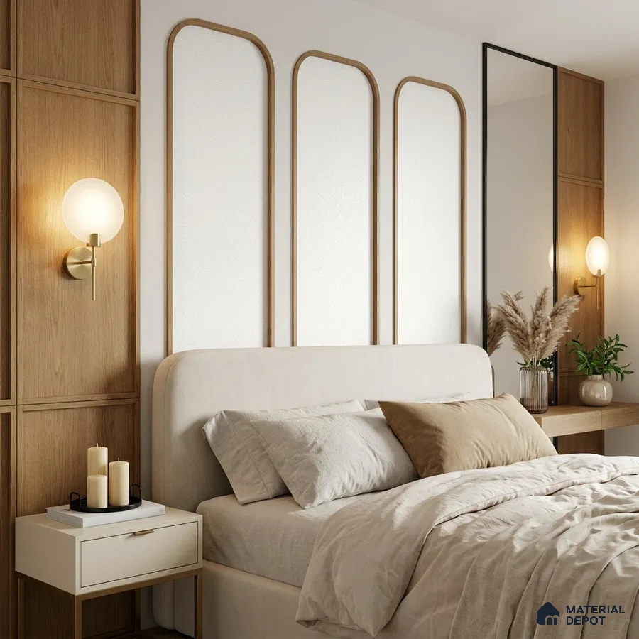 Scandinavian bedroom with natural oak wood panels and beige upholstered bed