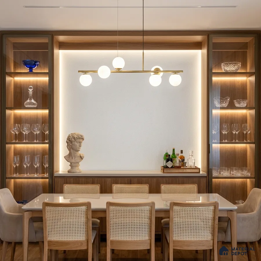 Mid-century modern dining room with natural wood veneer cabinetry and cane back chairs
