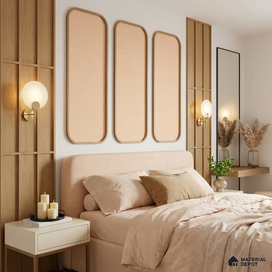 Scandinavian bedroom with beige suede upholstered bed and light oak wood wall panels