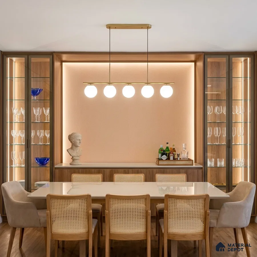Modern dining room with beige textured wallpaper, glass display cabinets, and natural wood cane chairs