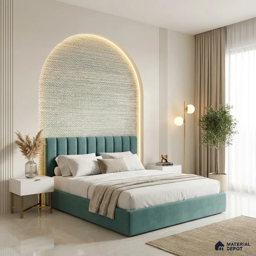 Modern bedroom with teal suede upholstered bed, textured accent wall, and marble floor tile