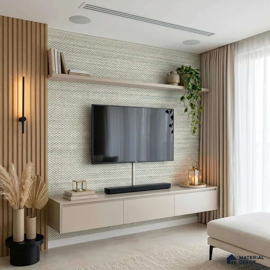 Scandinavian living room with beige floating TV unit, wood slat panels, and textured geometric wallpaper