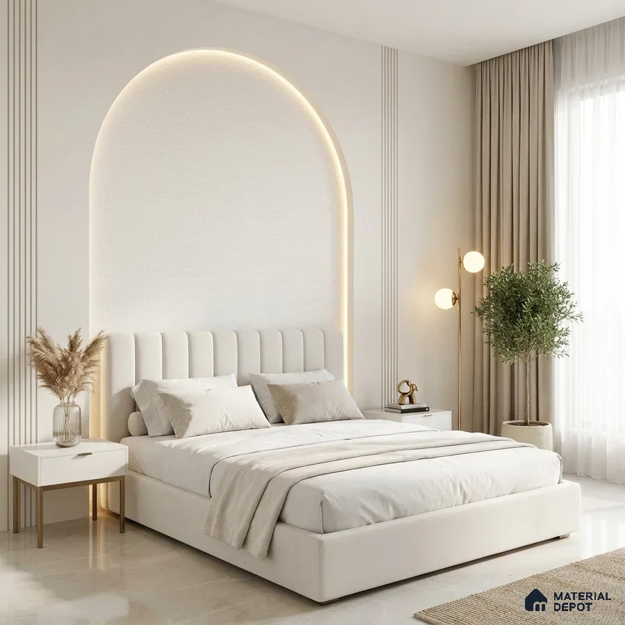 Minimalist bedroom with upholstered bed, beige curtains, and marble floor tile