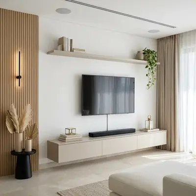 Minimalist living room with beige high gloss laminate TV unit and light oak fluted wall panels