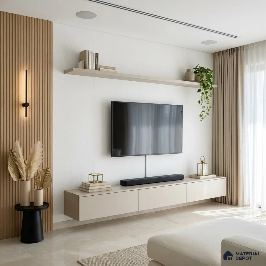 Minimalist living room with beige high gloss laminate TV unit and light oak fluted wall panels