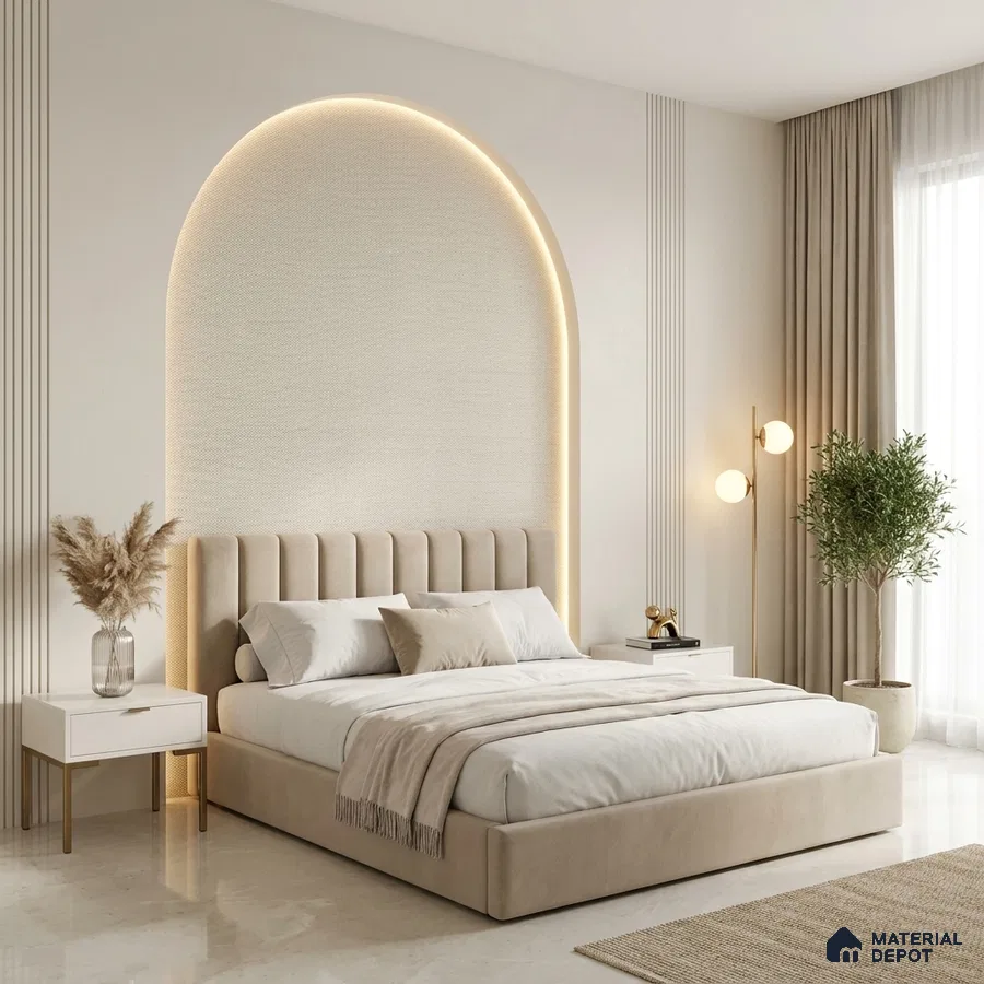 Minimalist bedroom with suede upholstered bed, arched backlit accent wall, and beige marble flooring
