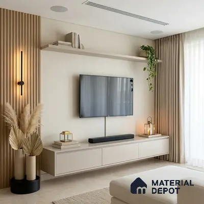 Minimalist TV unit with beige laminate, light oak fluted wall panels, and marble floor tile