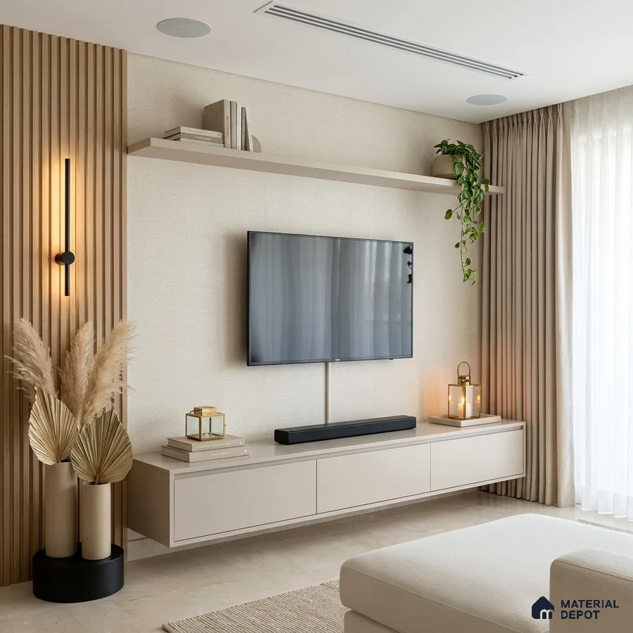 Minimalist TV unit with beige laminate, light oak fluted wall panels, and marble floor tile