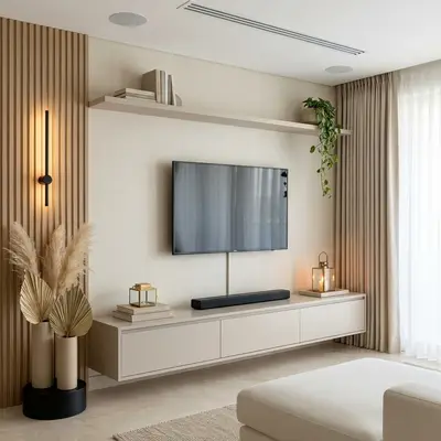 Minimalist TV unit with beige laminate, light oak fluted wall panels, and marble floor tile