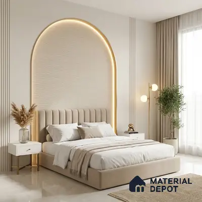 Minimalist bedroom with suede upholstered bed, arched backlit accent wall, and beige marble flooring