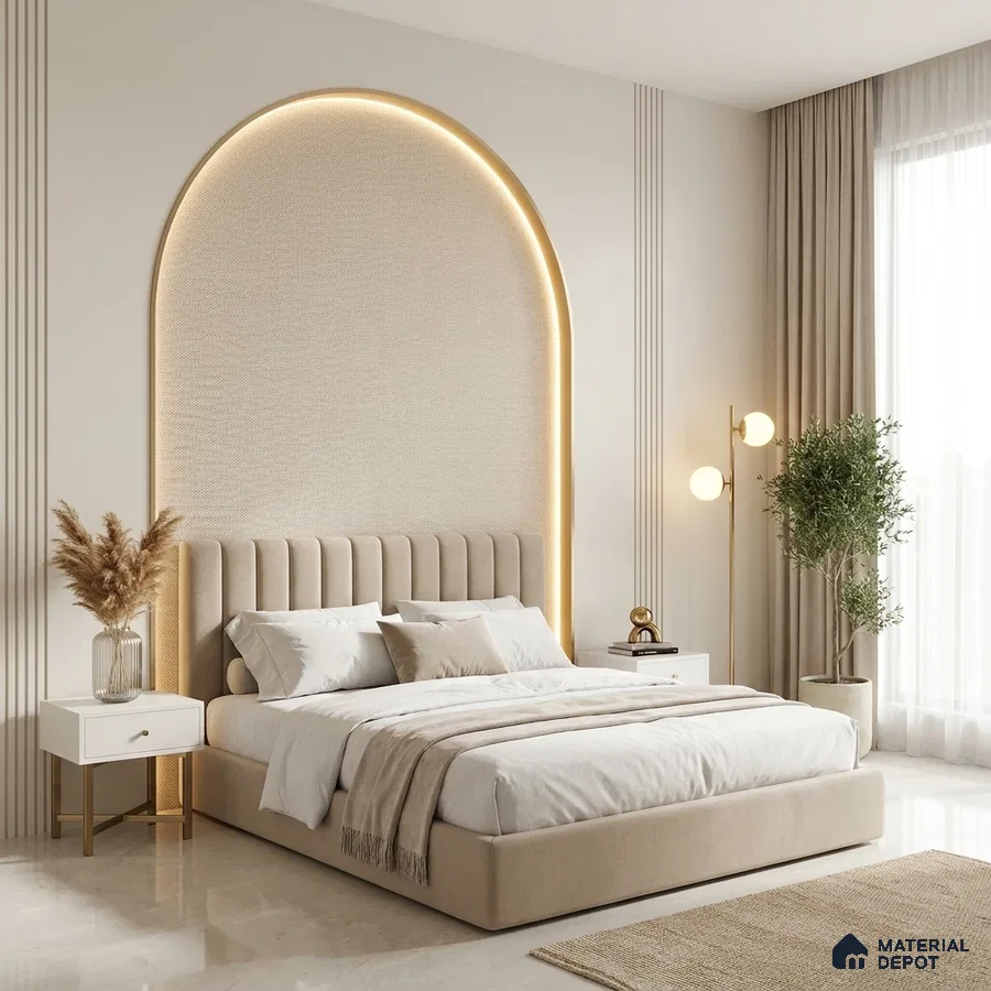 Minimalist bedroom with suede upholstered bed, arched backlit accent wall, and beige marble flooring