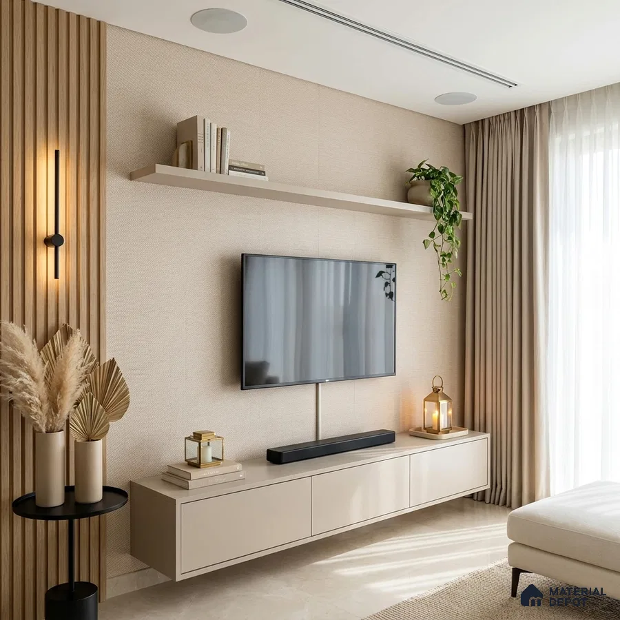 Scandinavian living room with beige matte laminate TV unit and light oak fluted wall panels