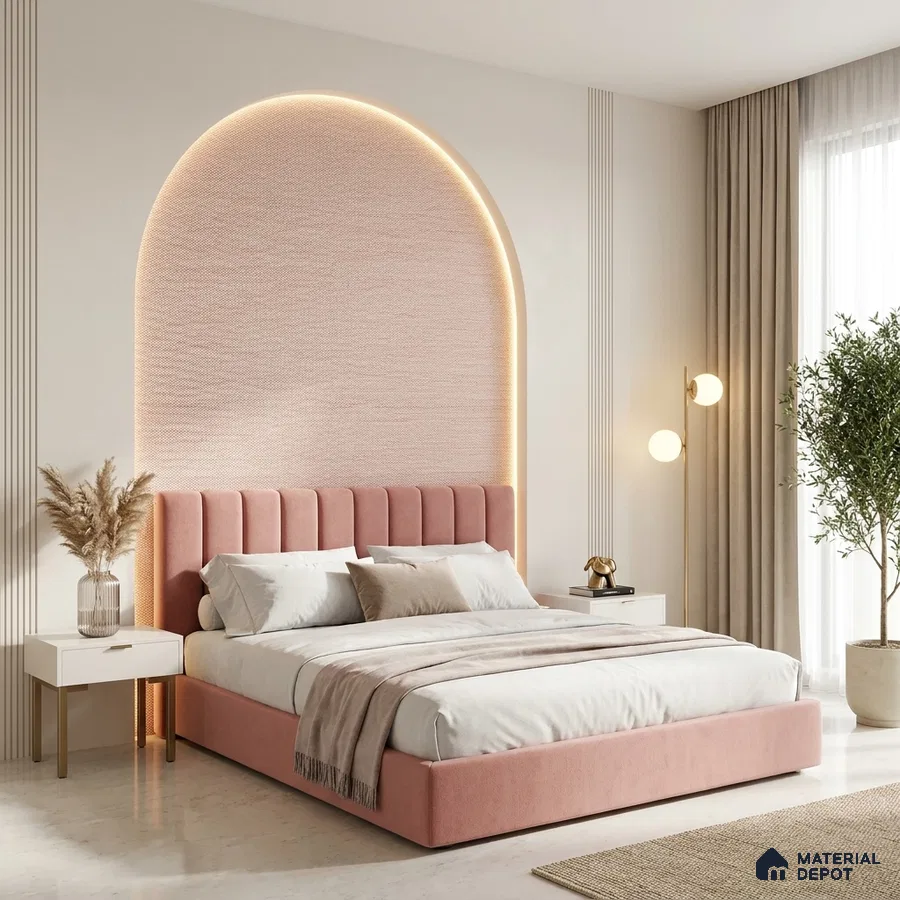 Minimalist bedroom with blush pink suede upholstered bed and arched textured wall panel