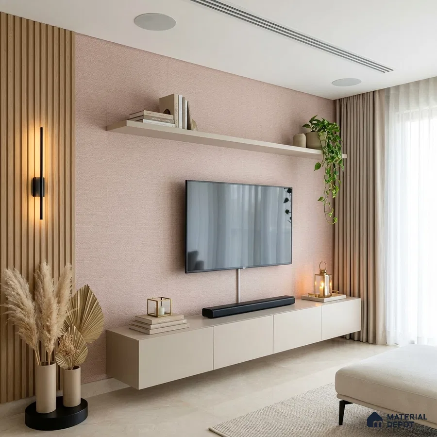 Scandinavian TV unit with beige matte laminate, light oak fluted panels, and blush textured wallpaper
