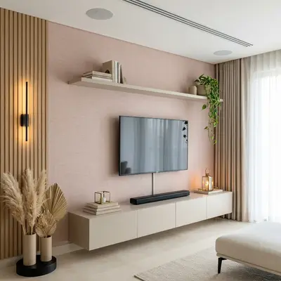 Scandinavian TV unit with beige matte laminate, light oak fluted panels, and blush textured wallpaper