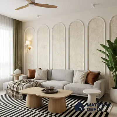 Scandinavian living room with marble-look wall panels and light oak coffee tables