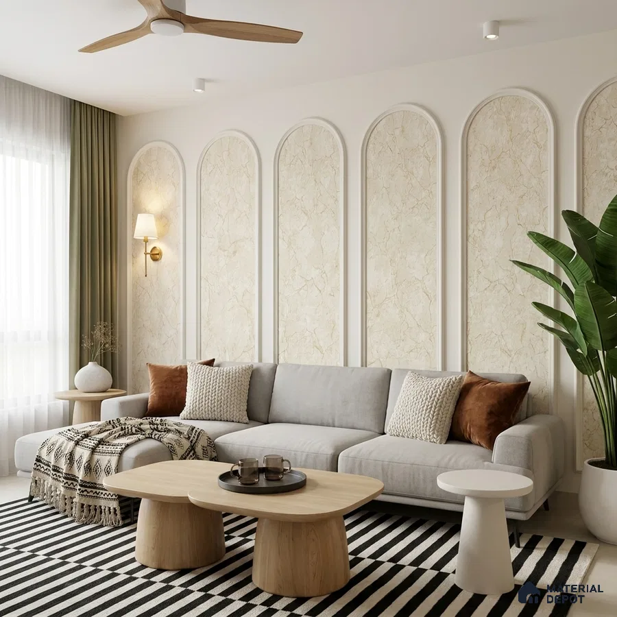 Scandinavian living room with marble-look wall panels and light oak coffee tables