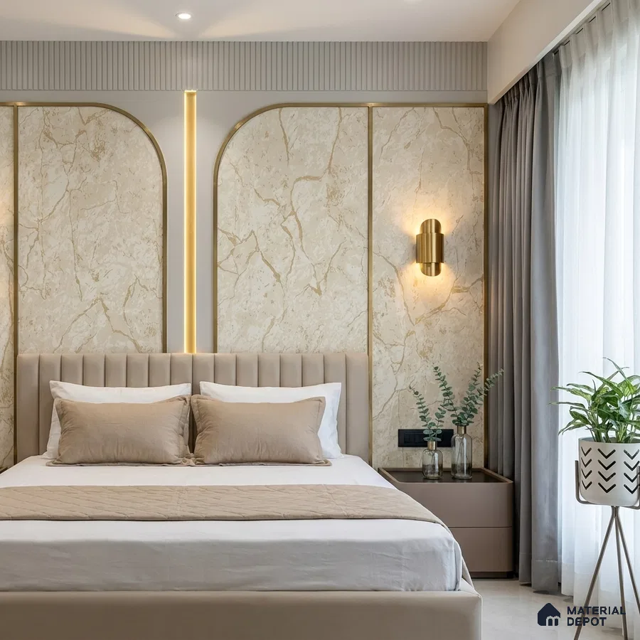 Modern bedroom with beige marble laminate accent wall and suede upholstered bed