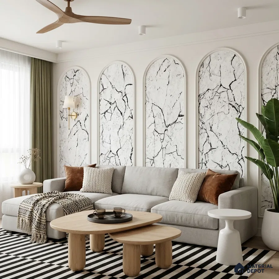 Scandinavian living room with marble-look wall panels and light wood coffee table