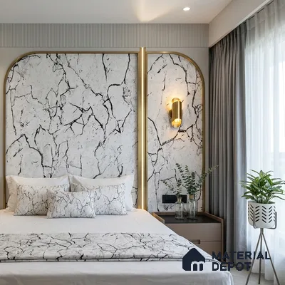 Modern bedroom with marble-look laminate headboard and gold accent profiles