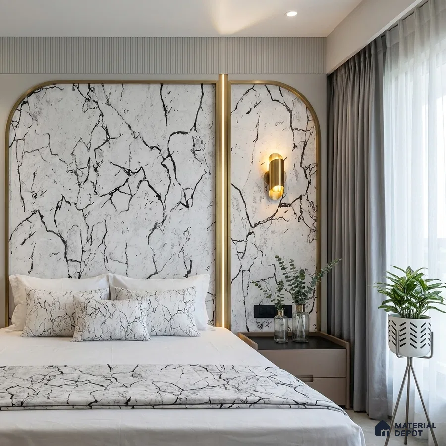 Modern bedroom with marble-look laminate headboard and gold accent profiles
