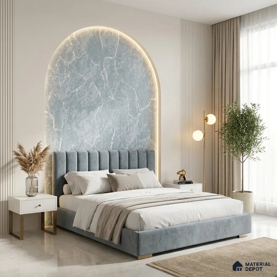 Modern bedroom with blue marble accent wall, suede upholstered bed, and marble floor tile