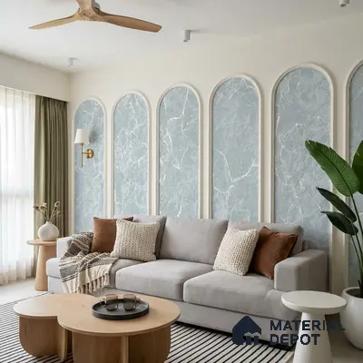 Scandinavian living room with blue marble-look wall panels and light wood furniture