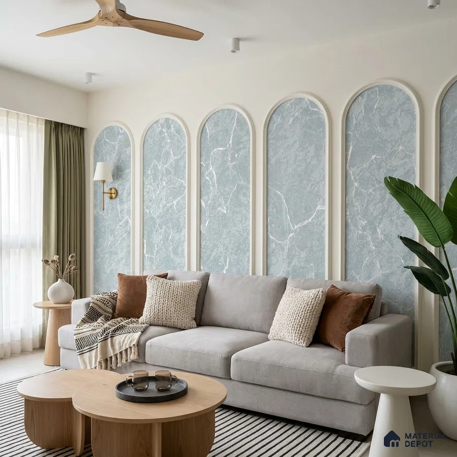 Scandinavian living room with blue marble-look wall panels and light wood furniture