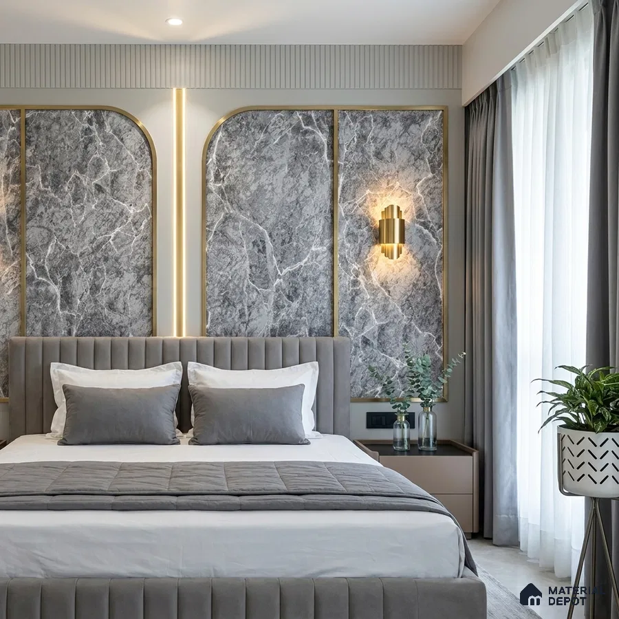 Modern bedroom with grey marble accent wall panels and suede upholstered bed