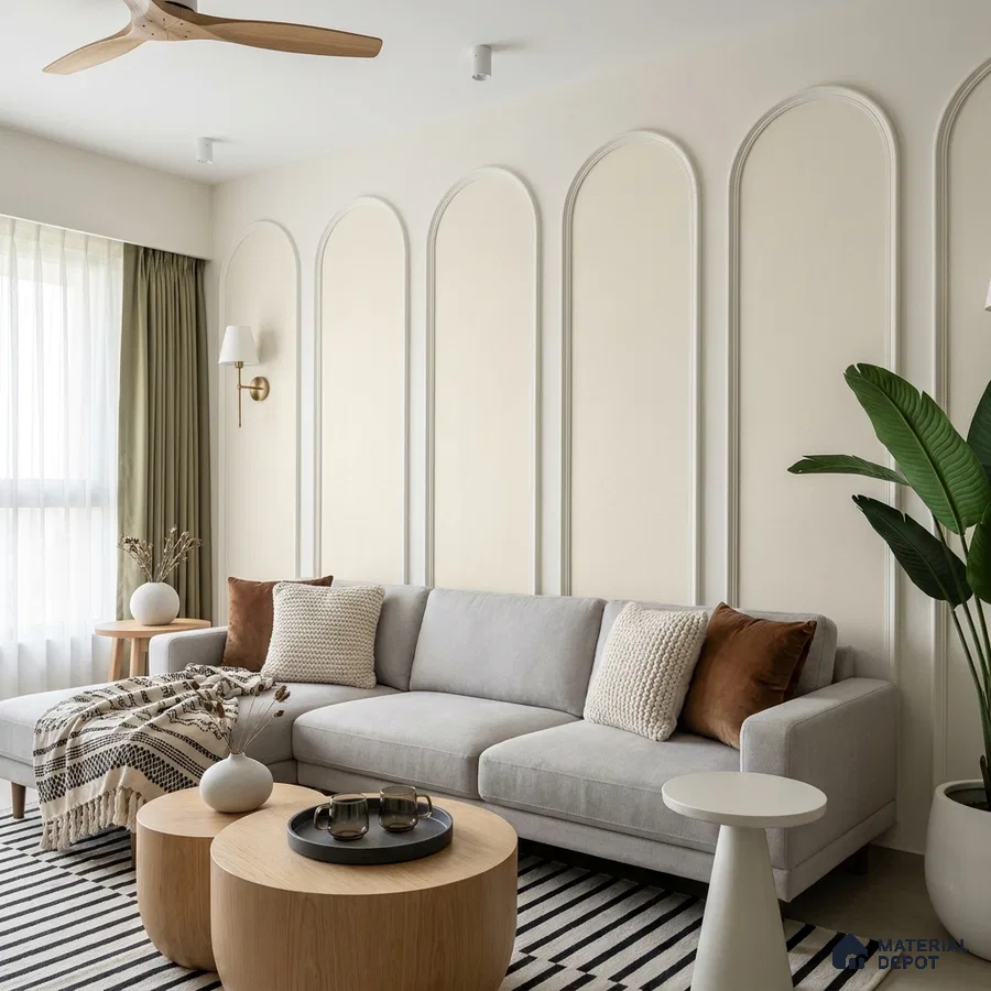 Scandinavian living room with arched wall mouldings, light wood tables, and neutral fabric sofa