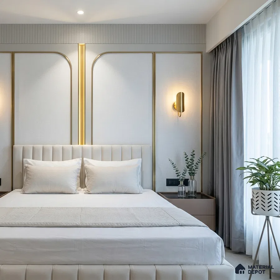 Modern bedroom with white upholstered bed, gold accent wall panels, and neutral palette