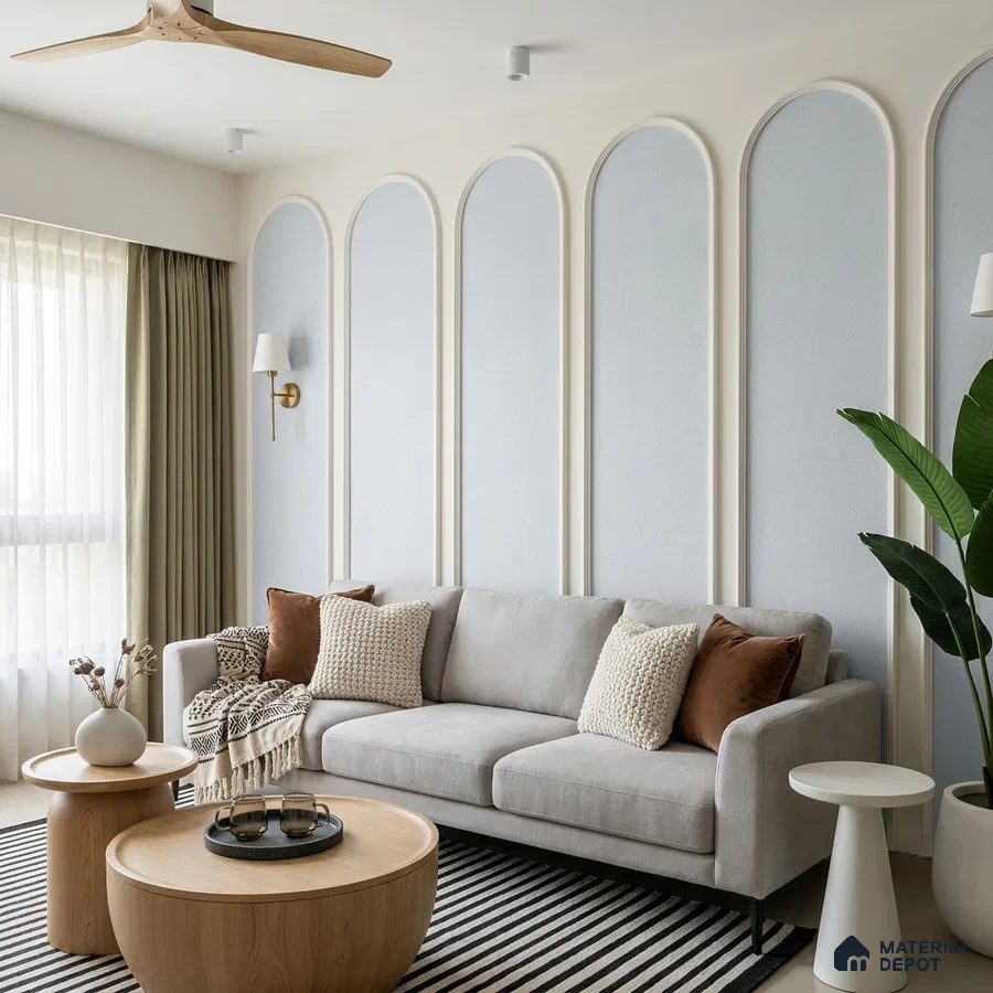 Scandinavian living room with arched wall panels, light wood tables, and neutral fabric sofa