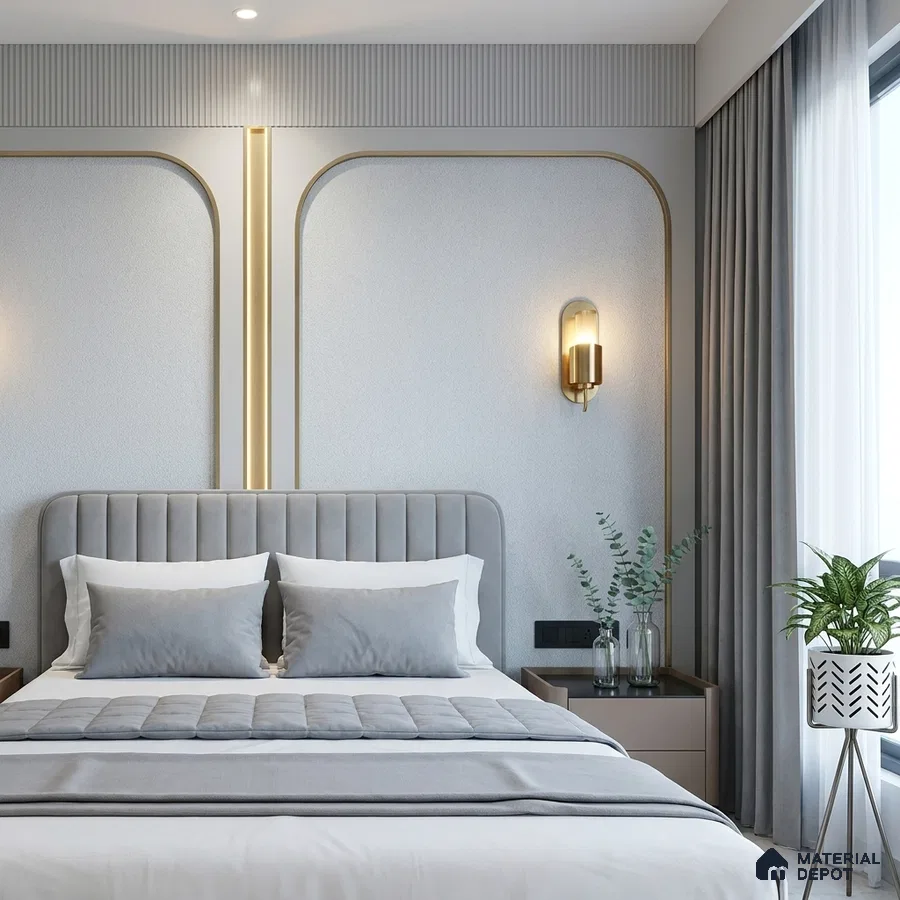 Modern bedroom with suede upholstered headboard, grey fluted wall panels, and soft neutral palette