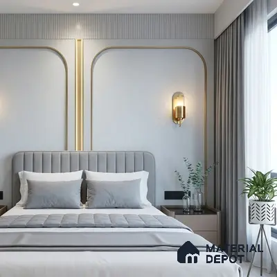 Modern bedroom with suede upholstered headboard, grey fluted wall panels, and soft neutral palette