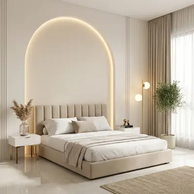 Minimalist bedroom with suede upholstered bed, arched backlit wall panel, and beige marble flooring