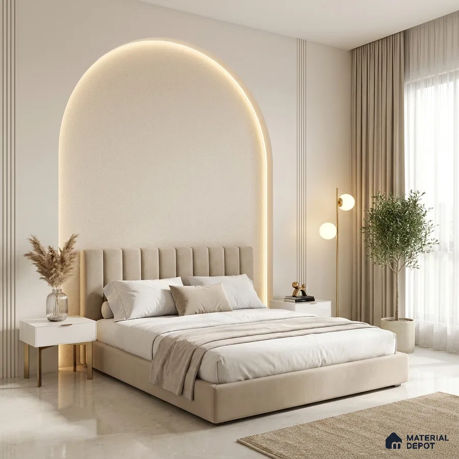 Minimalist bedroom with suede upholstered bed, arched backlit wall panel, and beige marble flooring