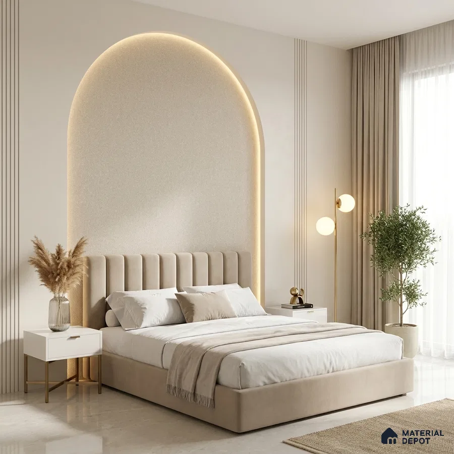 Minimalist bedroom with suede upholstered bed, arched backlit accent wall, and beige marble flooring